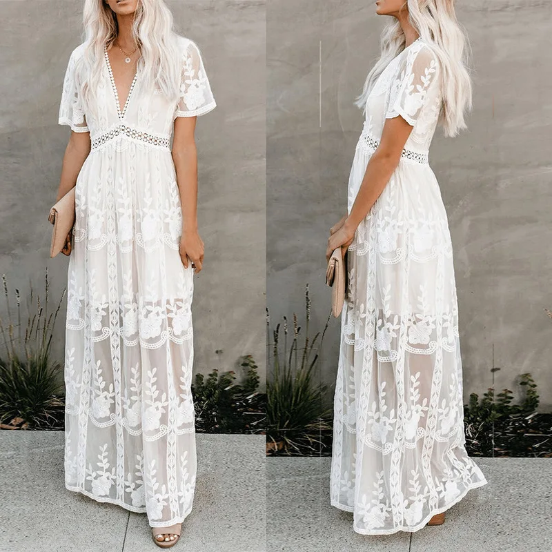 

Beach Cover Up Dress Dresses Summer Woman Beachwear Tunic For The Sarongs Coverup New Neck Stitching Lace Embroidery Patchwork