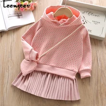 Осеннее платье принцессы с длинными рукавами для маленьких девочек; Vestidos; одежда для маленьких детей; зимняя флисовая толстовка с капюшоном; платье с сумочкой