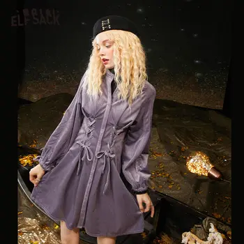 

ELFSACK Purple Solid Corduroy High Waist Casual Dress Women,2020 Autumn ELF Pure Vintage Drawstring Korean Ladies Party Dresses