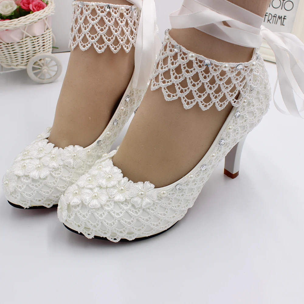 Sorbern Fish Scale Lace Wedding Pump Shoes High Heel Lace Ankle Strap