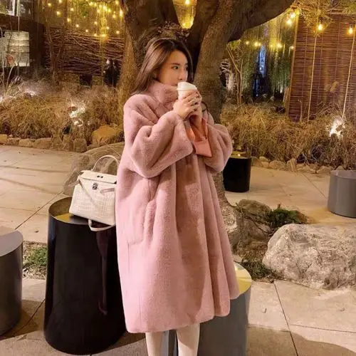 Pink AYUNSUE, длинное женское меховое пальто, зимняя куртка для женщин, имитация кроличьего меха, меховые пальто и куртки из искусственного меха размера плюс KJ3611 - Цвет: Pink