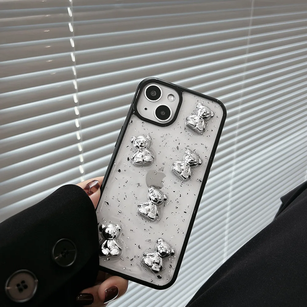 Retro kawaii silver foil bear transparent Phone Case For iPhone 13 11 12 Pro Max Xs Max XR 7 8 Plus X 7Plus case Cute Soft Cover