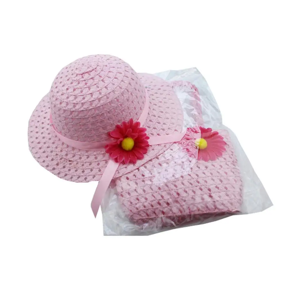 Flower Sun Straw Hat With Handbag Beach Suit Kid Girl Beach Hat Portable Summer Sun Cap Outdoor Riding Purse Sets With 2 Handles