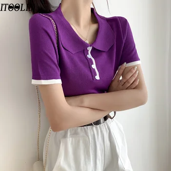

ITOOLIN 2020 New Polo Shirt For Women Knitted Button Slim Fit Shirts Female Blouse Short Sleeve Working Office Shirts Summer