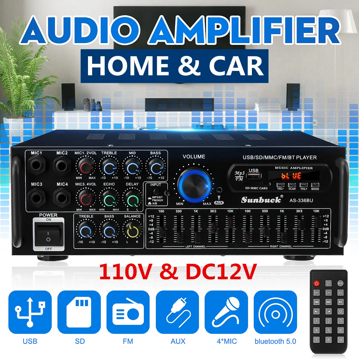 2000 Вт bluetooth стерео усилитель объемного звука USB SD Ампер FM DVD AUX ЖК-дисплей домашний
