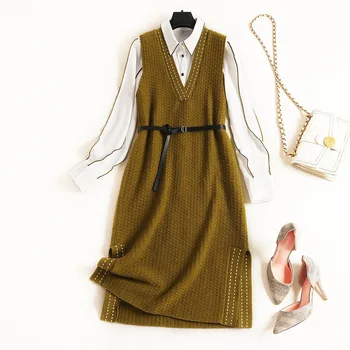 

2020 spring temperament dress long sleeve single-breasted solid color high waist chiffon shirt knitted vest two-piece wome