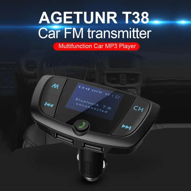 T38 Handsfree Bluetooth 4.2 FM Transmitter Car Charger for U Disk TF Card Black Three Music Playing Modes U Disk/Micro-SD