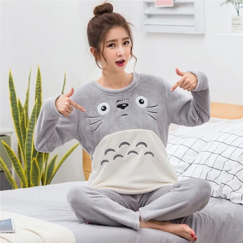 

Women Thick Coral Velvet Long Sleeve Cartoon Sleepwear Autumn Winter Warm Flannel Pyjamas Sets Femme Soft Pajamas Set for Girls
