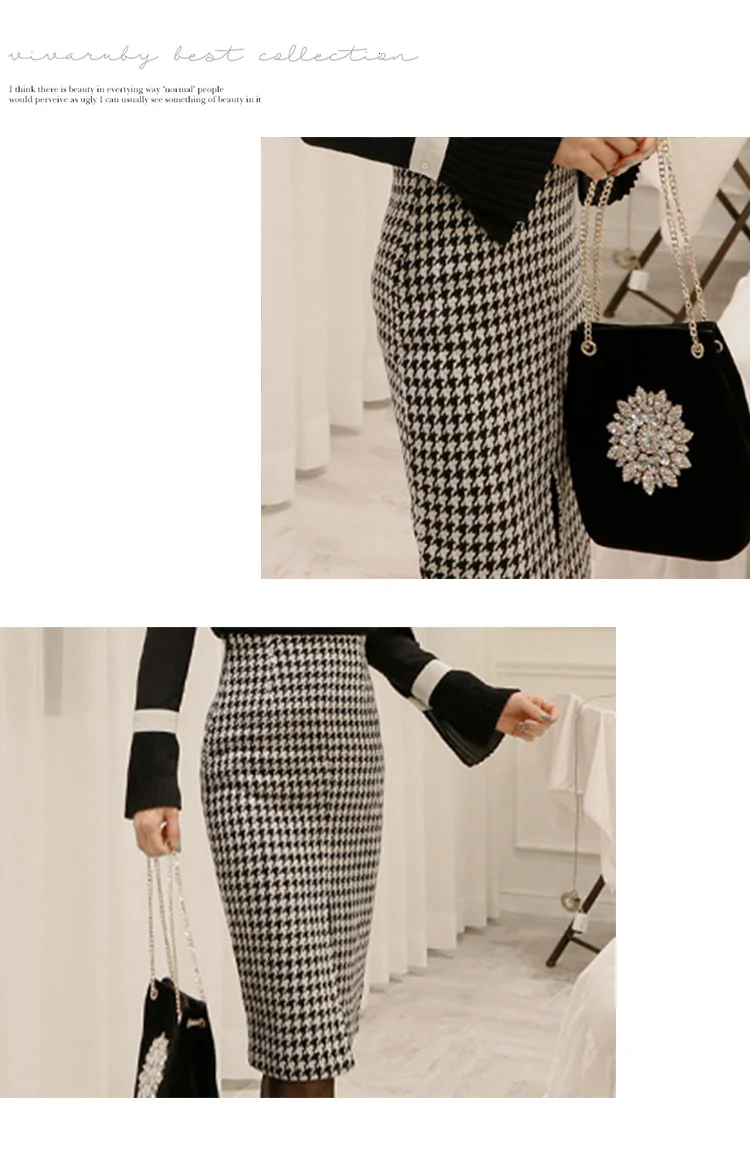2 шт набор осенний женский длинный рукав отложной воротник винтажный офисный элегантный костюм топ и до колен клетчатая юбка-карандаш