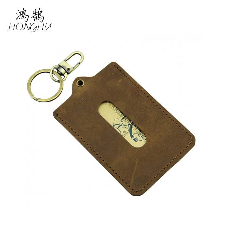 

Retro Crazy Horse Leather Card Sleeve Simple Genuine Leather Bank Bus Card Holder Access Control Wallet Keychain