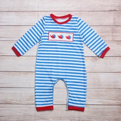 Autumn Clothes Boy Red Cuffs Blue Stripes Long Sleeve Three Helicopters Embroidery Pattern Toddler Romper