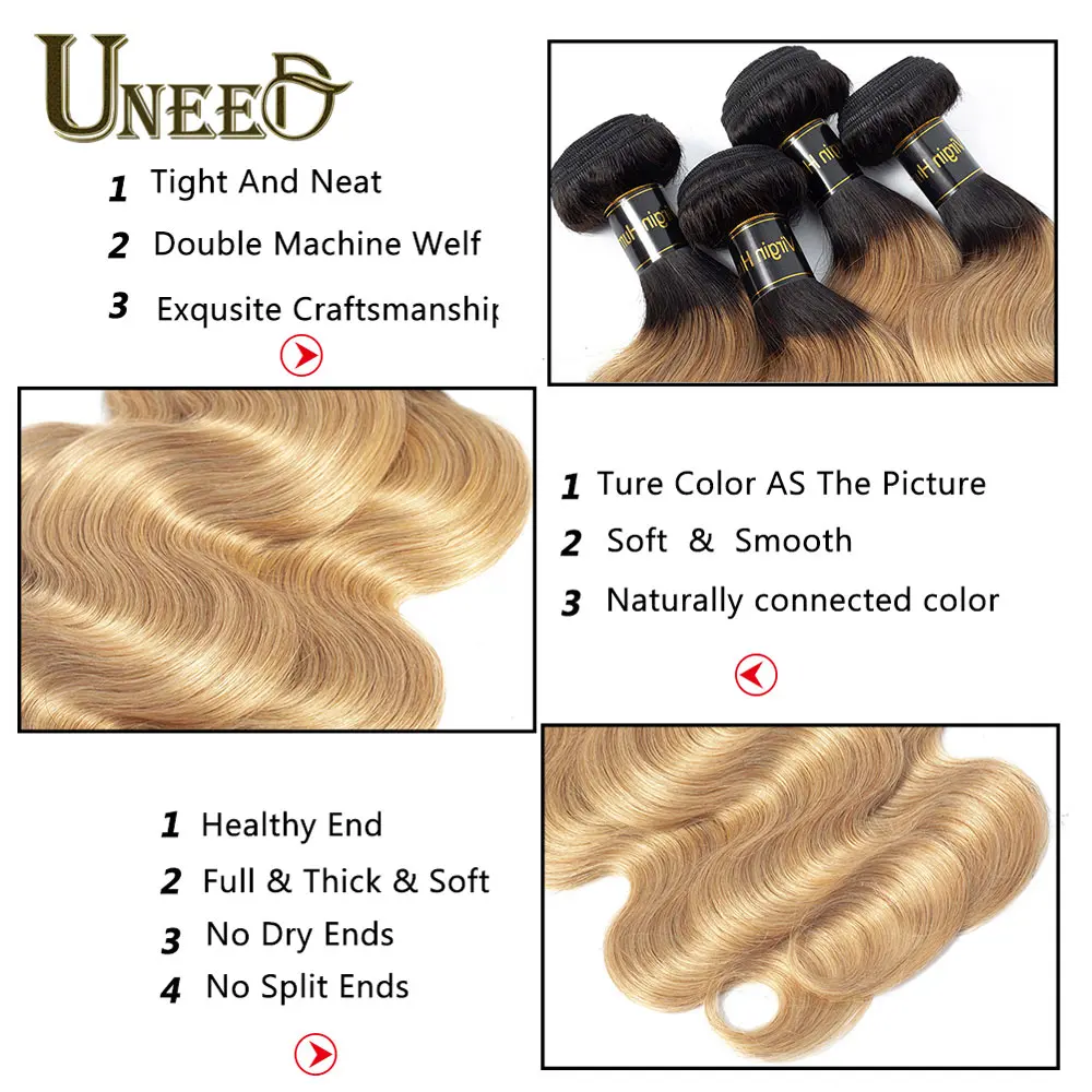 Uneed T1B/27 Ombre светлые перуанские волнистые пучки 1/3/4 шт. не Реми искусственные пряди