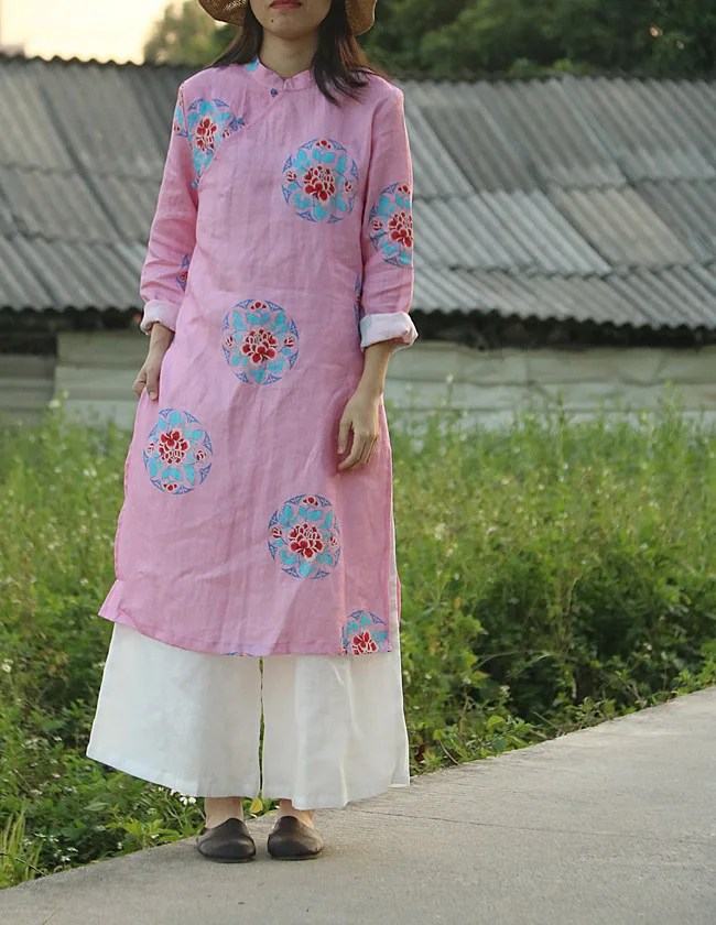

Retro Bead Button Stand Collar Rose Flower Pattern Pink Pure Ramie Linen Dress, Classic Palace Style High End Digital Print Robe
