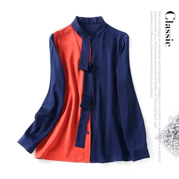 

New style small Mock Neck color blocking lace up decoration Long Sleeve Silk double Qiao Satin Shirt Top Female