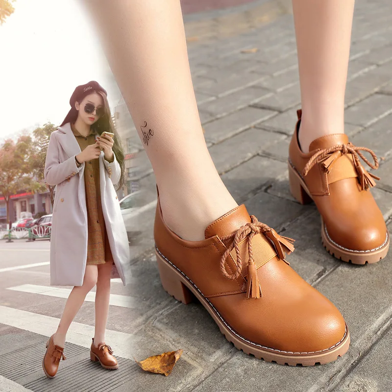 

Spring And Autumn 2019 New Style Versatile Tassels Low Heel Wind WOMEN'S Shoes Students Small Leather Shoes Women's Chunky-Heel