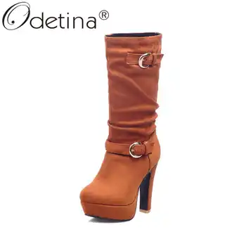 

Odetina Women Fashion Block Extreme High Heel Winter Mid Calf Boots Platform Sexy Buckle Strap Faux Suede Slip On Slouch Boots