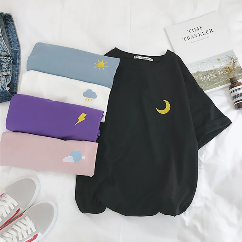 Корейская свободная Универсальная футболка с принтом Луны, летние простые футболки с коротким рукавом для женщин harajuku Kawaii, винтажные Топы|Футболки|   | АлиЭкспресс
