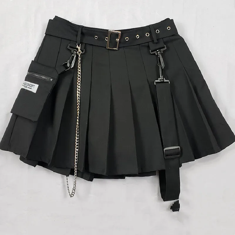

Casual Women Mini Skirt Ladies Summer Korean Harajuku High Waist A-Line Solid Chain Belt Pleated Skirts Gothic Black Streetwear