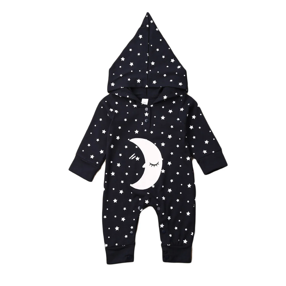 Puseky для новорожденных с капюшоном Домашняя одежда с длинными рукавами милые с рисунком «Луна», «Звезды принт Костюмы платье для маленьких девочек, комбинезон для девочек, спортивный костюм для малышей