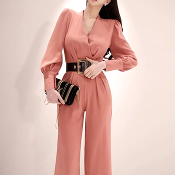 

2020 Summer Female Puls Size Elegant OL Temperament Slim Maxi Jumpsuit V-neck High Waist Wide-legged Overalls Women Jumpsuits