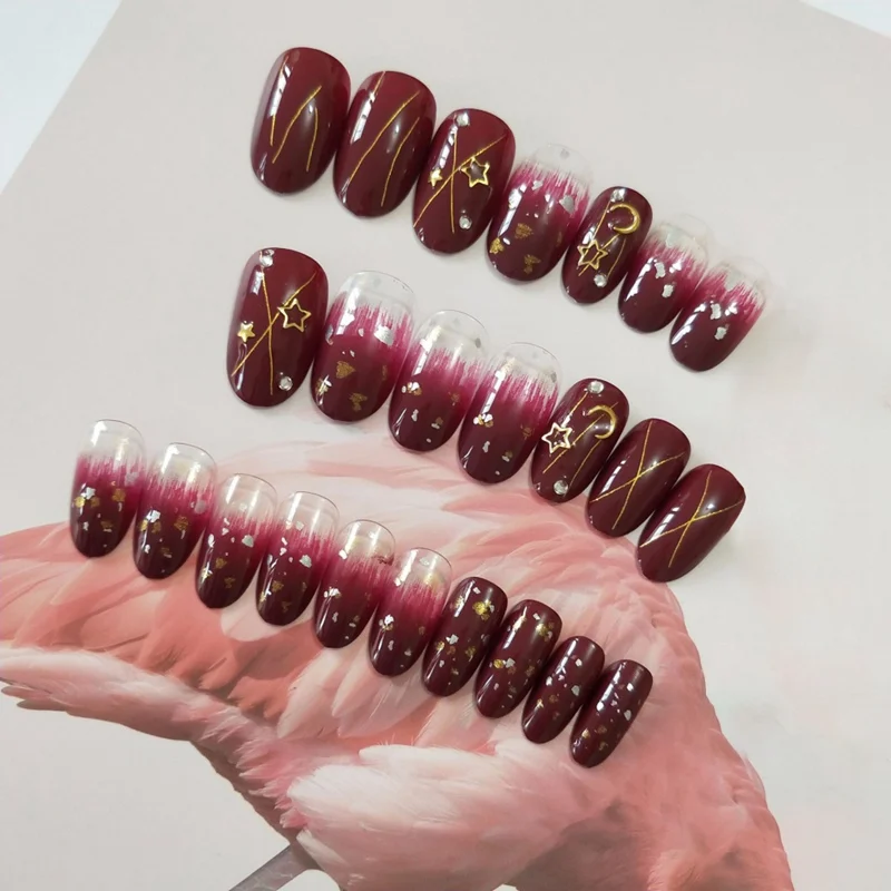 24pcs Gradient Starry Sky Fake Nails Short Round Head Diamond False Nails Removable Artificial Fake Nail art