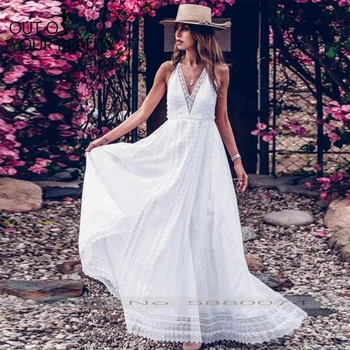

2020 New Elegant Evening Dress White Sexy Halter Crochet Hollowig Swing High Waist Backless Beach Bihemia Long Dress