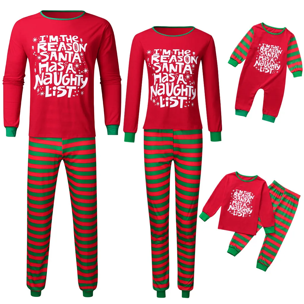 Семейный Рождественский пижамный комплект, топ с буквенным принтом, штаны в полоску, Рождественская одежда для сна для детей и взрослых, рождественские пижамы, Семейные комплекты