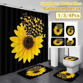

4PCS/Set Sunflower Butterfly Print Shower Curtain Waterproof Bathroom Curtain Toilet Cover Mat Non-Slip Rug Set Bathtub Decor