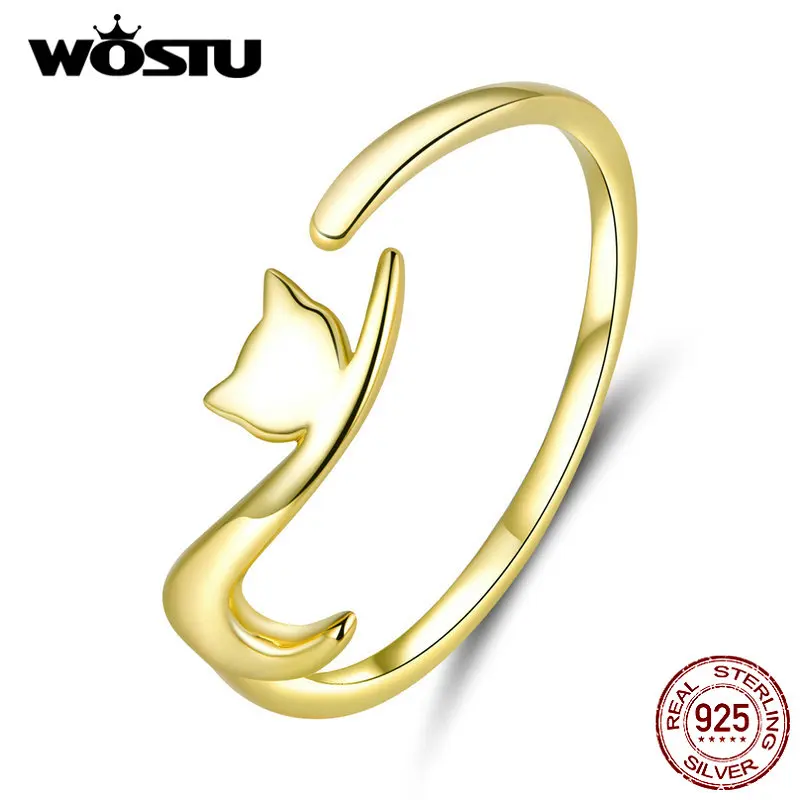 Wostu Reale Dell'Argento Sterlina 925 Appiccicoso Gatto Anelli Di Colore Oro Per Le Donne Di Nozze Anelli Di Barretta Regolabile Gioielleria Raffinata