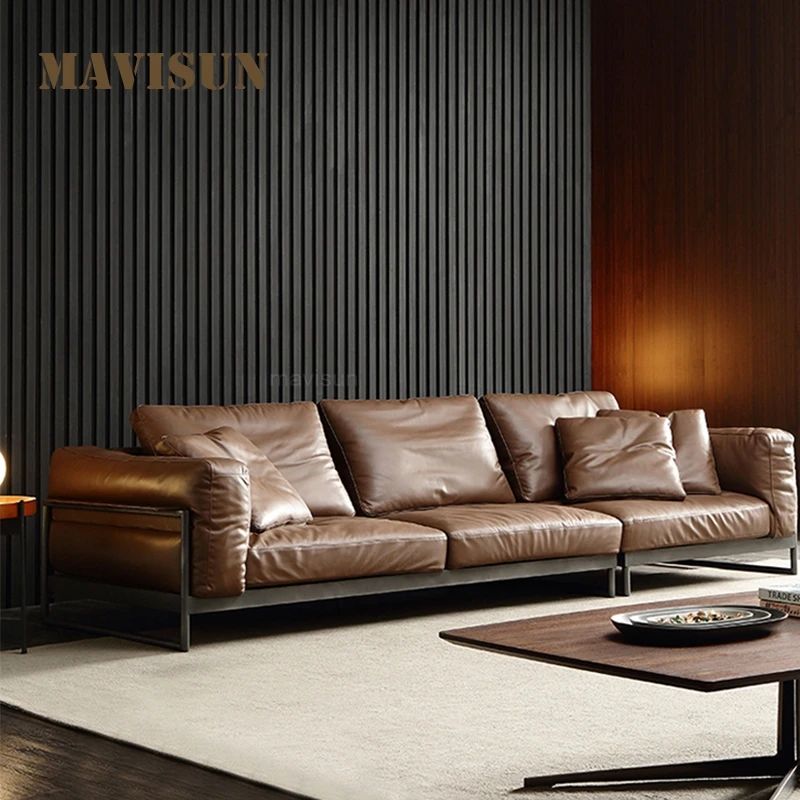 Italian Minimalist Leather Loveseat Couch For Living Room Modern Brown Sofa With Wooden Frame Down Latex 190cm Furniture | Мебель