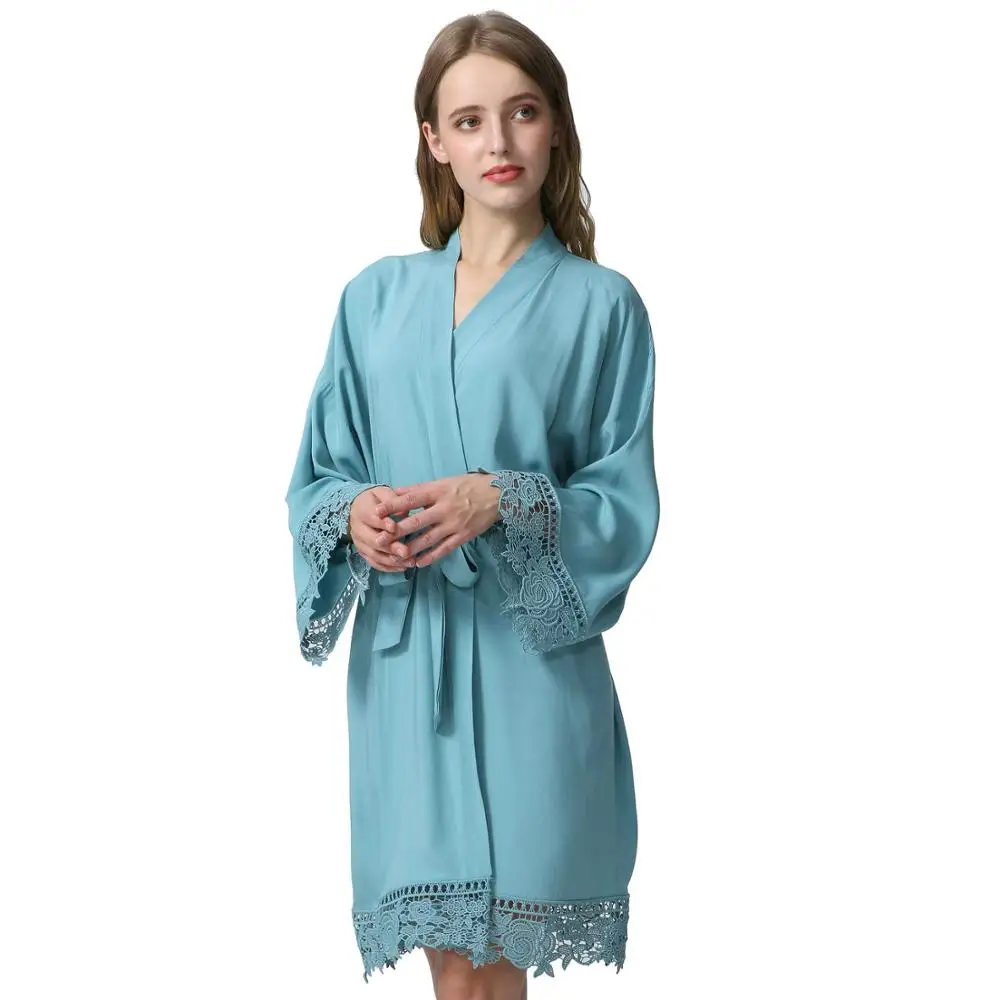 YUXINBRIDAL Новинка года, однотонное хлопковое кимоно с кружевной отделкой, женский свадебный халат, короткий пояс, банный халат для невесты, вечерние - Цвет: dusty green