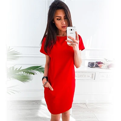 Red Однотонное вечернее платье с круглым вырезом и коротким рукавом, свободные прямые модные элегантные женские платья с карманами, повседневные винтажные женские летние новинки - Цвет: Red