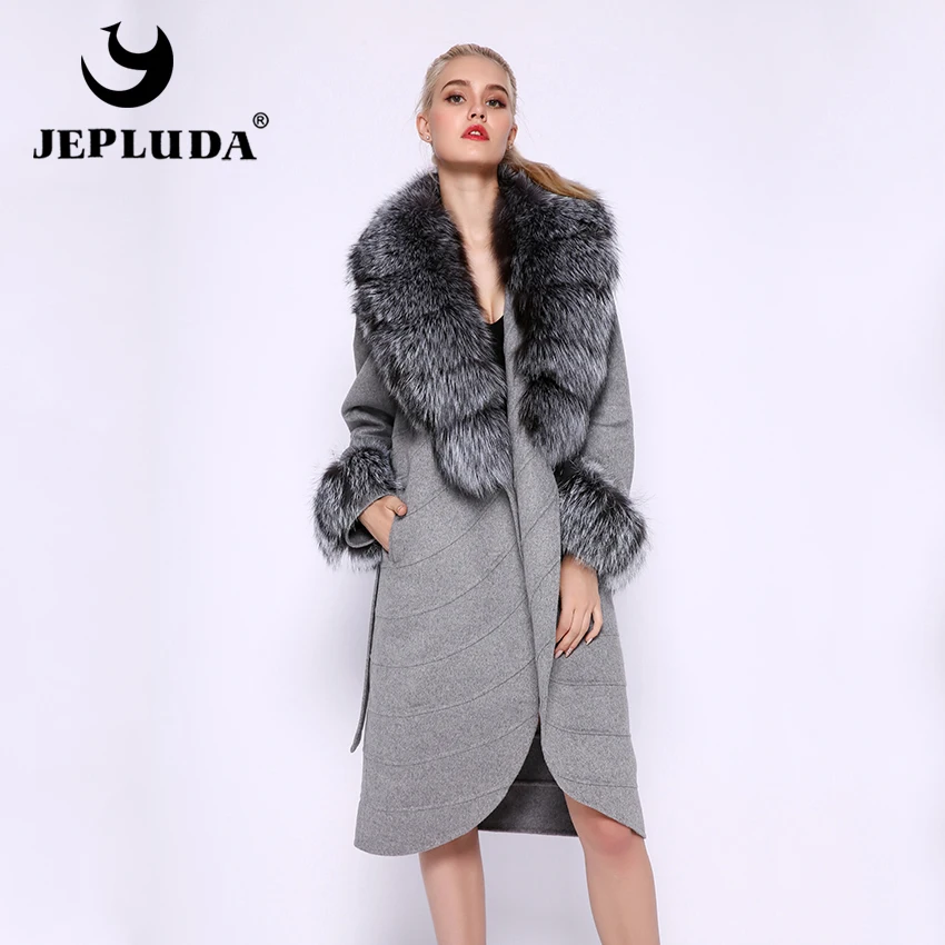 JEPLUDA элегантное кашемировое женское пальто с мехом лисий большой роскошный на воротник и манжет высокого качества шерсть женская куртка из натурального меха лиса кашемир пальто для женщин с натуральный мех