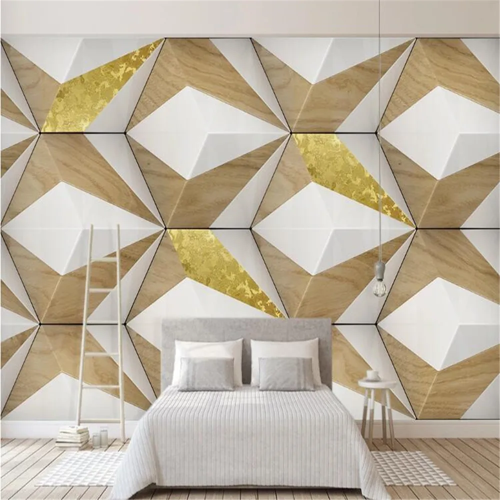 

Milofi custom 3D photo wallpaper mural abstract geometric triangle wood grain golden TV background wall decorative painting