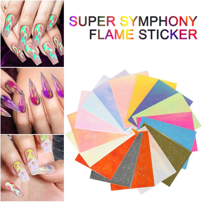 

1Pc Nail DIY Holographic Fire Flame Strip Vinyls Stencil Hollow Sticker Fires on Manicure Stencil Stickers Nail Art Decoration