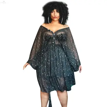 

Plus Size Women Dress 2020 New Midi Dress Long Sleeve V Neck Loose Sexy Dresses Night Club Dress Cascading Ruffle Party Dresses