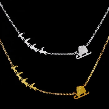 

Unique Christmas Pendant Necklace Women Men Stainless Steel Jewelry Santa Claus and elk sleigh Charm Necklace Collar Mujer