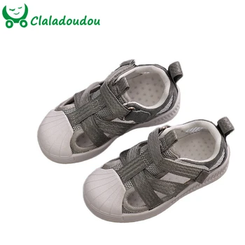

14-21.5cm Brand Kids Sneaker Sandals Genuine Leather + Mesh Breather Summer Shoes For Toddler Girls Boys Anti-kick Hollow Shoes