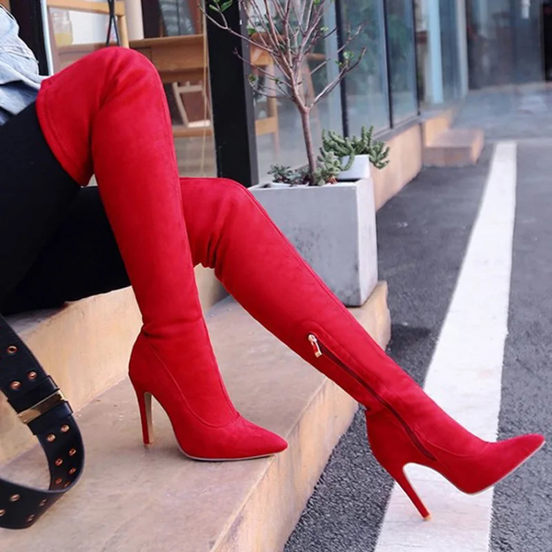 Red High Boots Female New Arrial Over-The-Knee Boots Autumn Shoes Women Pointed High-Heeled Boots Winter Thigh High Boots Ladies