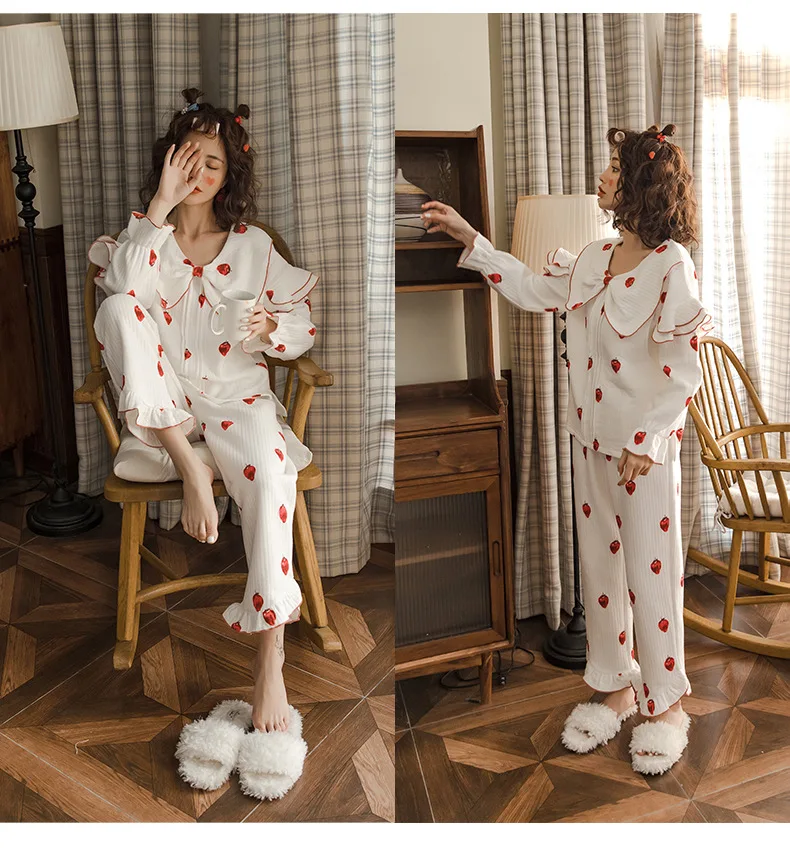 New pregnant bow tie print air layer moon suit autumn and winter warm and comfortable pregnancy pajamas postpartum home set