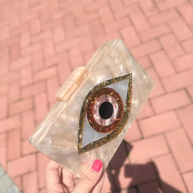 Pearl Champagne Nude Sand Color Acrylic Evil Eye Patchwork Women Brand Evening Small Mini Flap Shell PVC Box Clutches Purse Bags