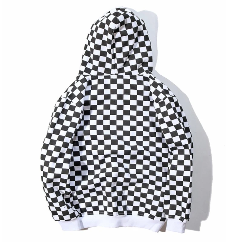 Уличная Мужская черная и белая шахматная толстовка с капюшоном в клетку, Мужская Флисовая Толстовка в стиле хип-хоп