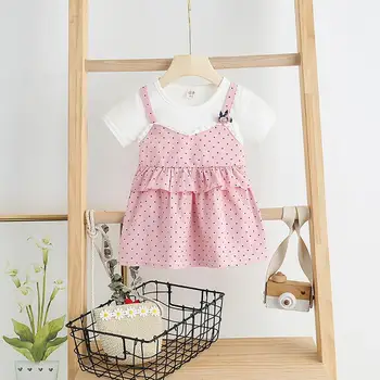 

DishyKooker Baby Girls Dress Fake Two-piece Dress with Dots Decorated Leisure Skirt Costume Summer Spring Dresses for Kids