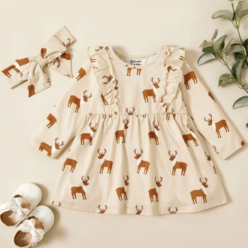 

PatPat 2020 New Spring and Autumn Baby Girl Elk Sweet Dress for Baby Girl Clothes
