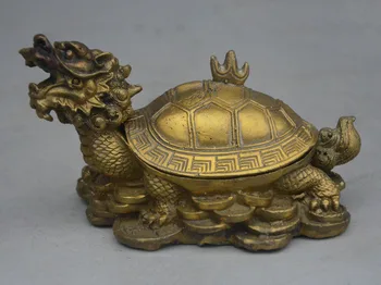 

China Fengshui Bronze Coin Dragon tortoise Turtle Statue Incense Burner Censer