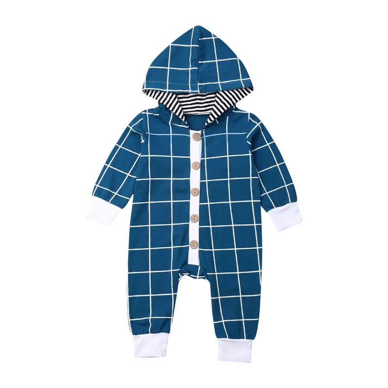 

Newborn Baby Boys Plaids Clothes fashion Long Sleeve Romper Jumpsuits Infant Autumn Cotton Hooded One-Piece Outfits 0-18M