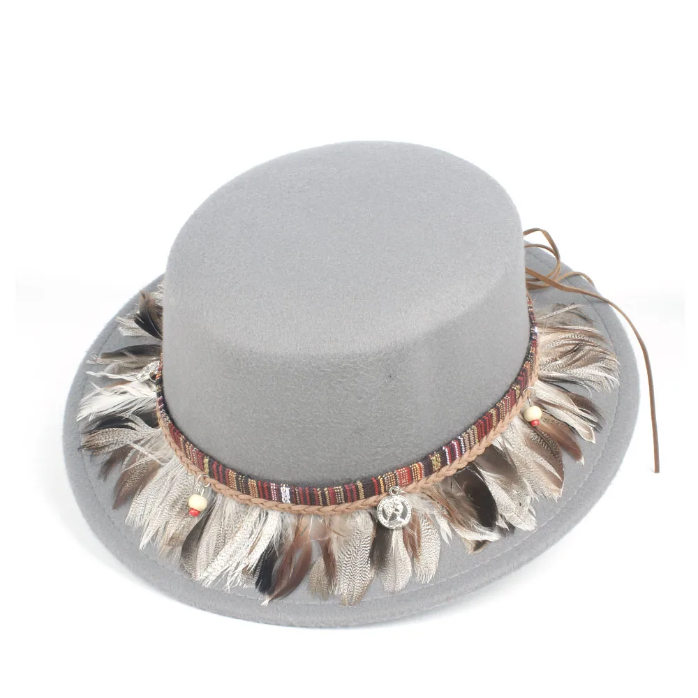 Модная шляпа-федора унисекс для мужчин и женщин с плоским верхом и перьями, шляпа для дня рождения, шляпа Трилби джаз, шляпа для взрослых, размер 56-58 см