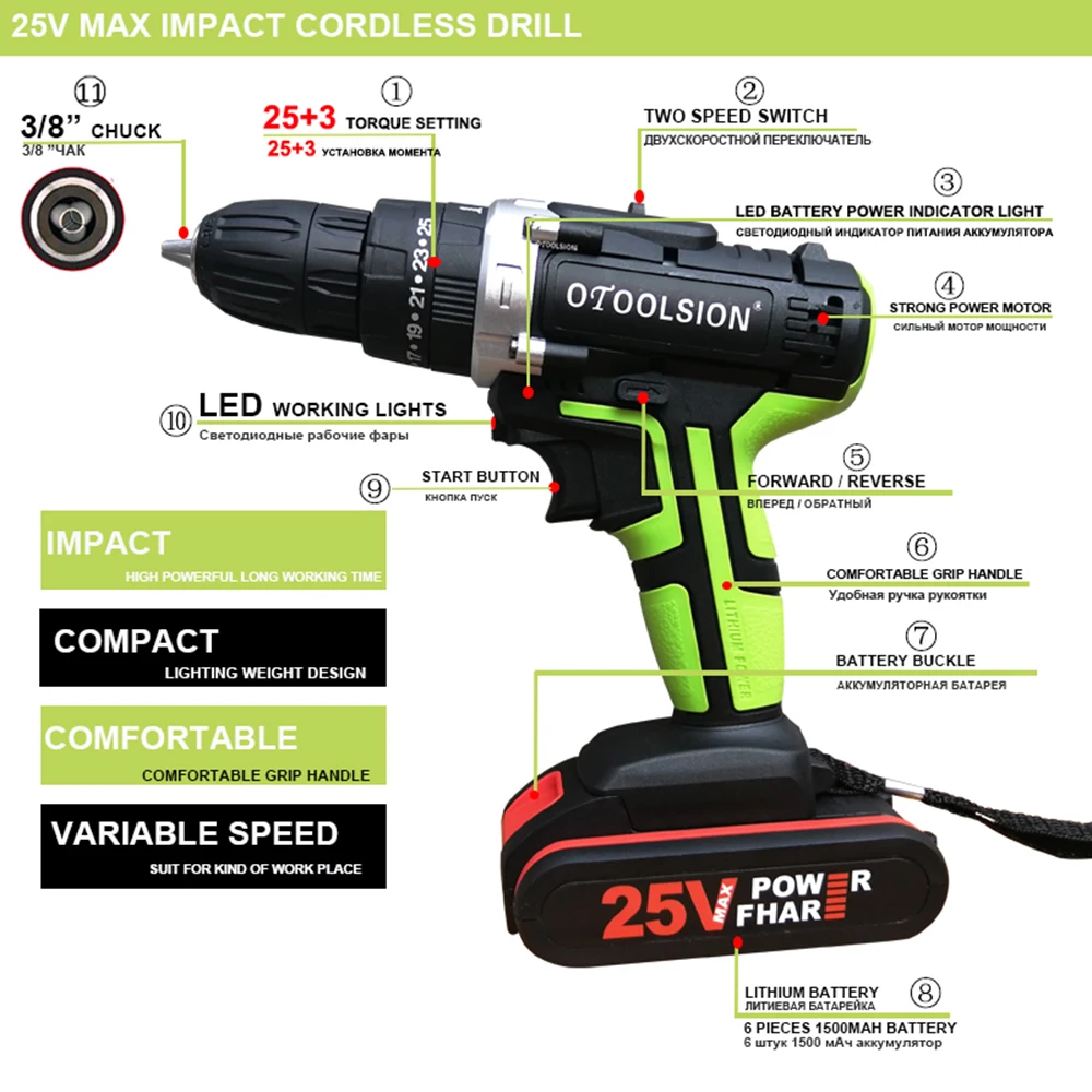 25V Dual Speed Cordless Drill 1500Mah Rechargeable Lithium Battery Multi-function Mini Hand Drill Power Tools For Drilling (22)
