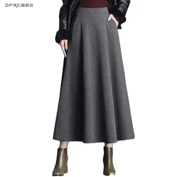 

Black Gray High Waist Winter Wool Long Skirt Women 2019 Elegant Casual Vintage Woolen A-Line Skirts Femme Saia Longa