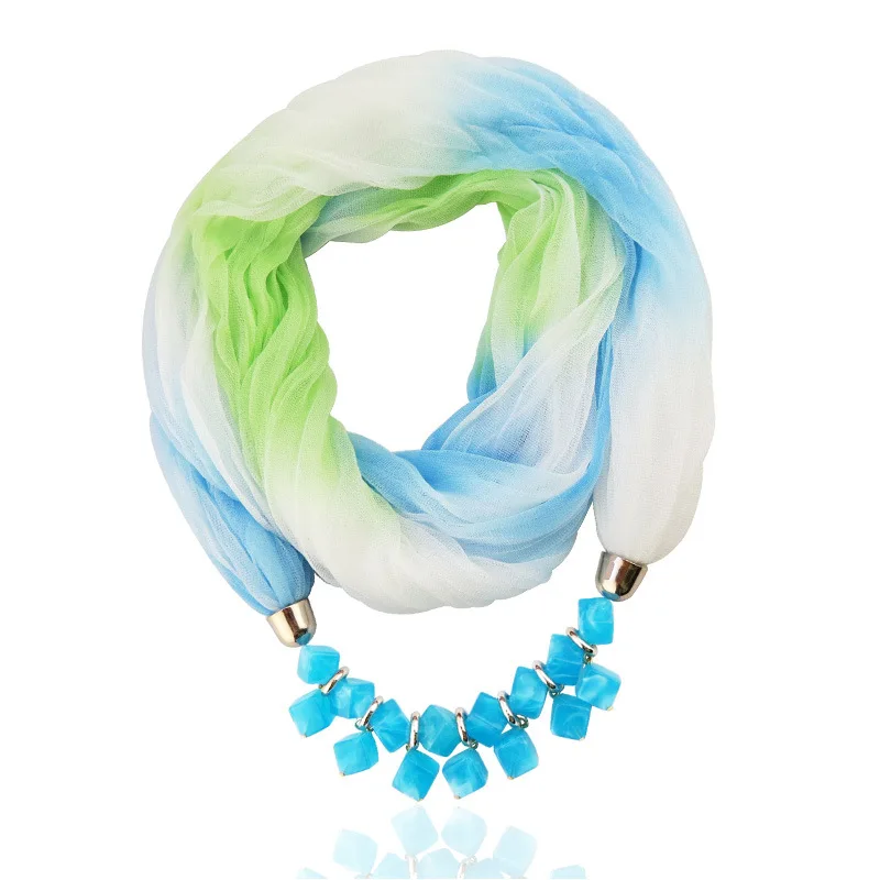 H83adc936d3ec40bcad414b49e598c6a1W Fashion Lady Gradient Color Silk Scarf Ring Simple Bead Pendant Necklace Ring Scarf Multi-style Lady Muslim Head Scarves Hijabs Mallzona